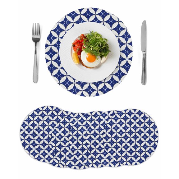 Retro Rhombus Round 13 Inch Placemats Set of 6, Morocco Abstract Geometric Art Navy Blue HeatResistant Non Slip Place Mats for Dining Table, Wipeable Braided Kitchen Table Mats for Housewarming