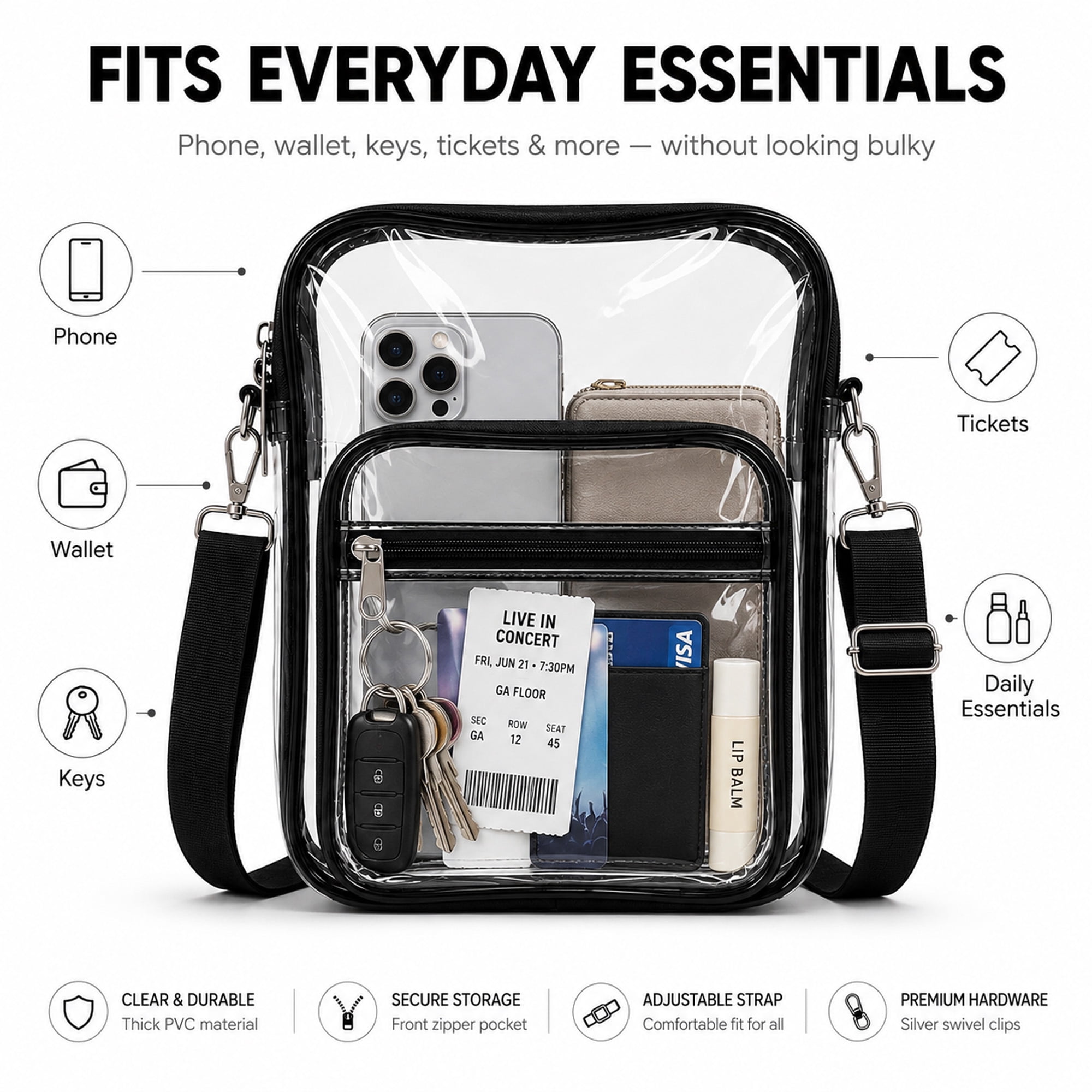 Clear Crossbody Bag with Adjustable Strap, Transparent PVC Shoulder Bag with Dual Front Zip Pockets for Concerts, Events & Travel