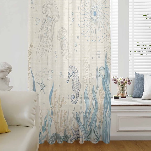 Blue Seahorse Coastal Sheer Curtains 72 Inches Long for Living Room/Bedroom, Summer Beach Nautical Ocean Coral Vintage Rod Pocket Voile Kitchen Curtains & Drapes Window Treatment 1 Panel, 52"W x 72"L