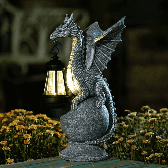 Goodeco Dragon on Ball with Solar Lantern Statues - 11.81inch Garden Decor Outdoor Decorations Art Figurine for Patio Balcony Yard Lawn