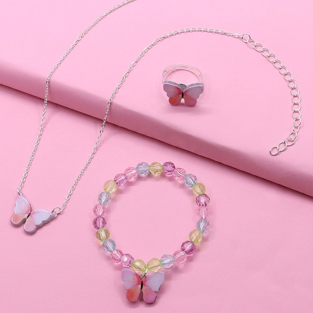 Collier Trois Pièces pour Petite Fille, Bracelet, Bague pour Enfants - Papillon