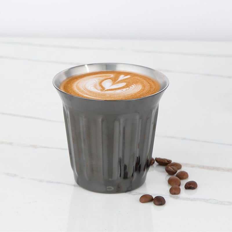 Easyworkz Stainless Steel Double-Wall Espresso Cups 5 oz Set of 2, Vertical Stripe Design, Gunmetal