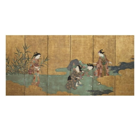 One of a Pair of Six-Leaf Screens Depicting a Group of Three Young Women and an Actor Collecting… Print Wall