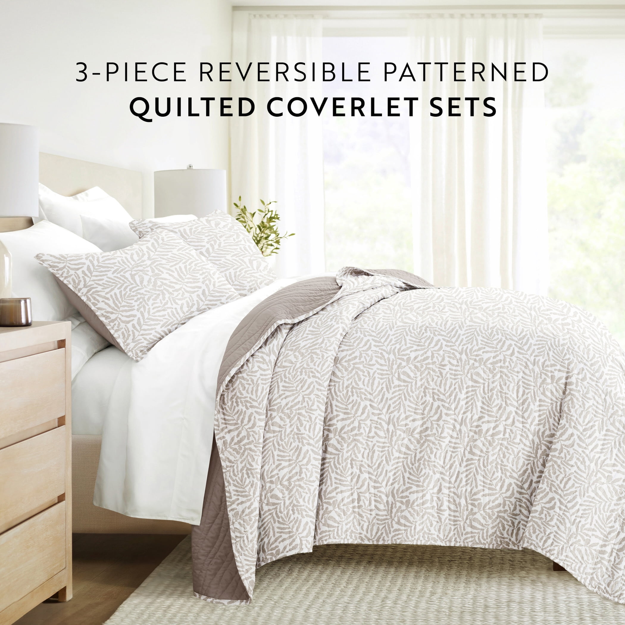 Noble Linens 3-Piece Taupe Tossed Ferns Reversible Quilt Set, Queen