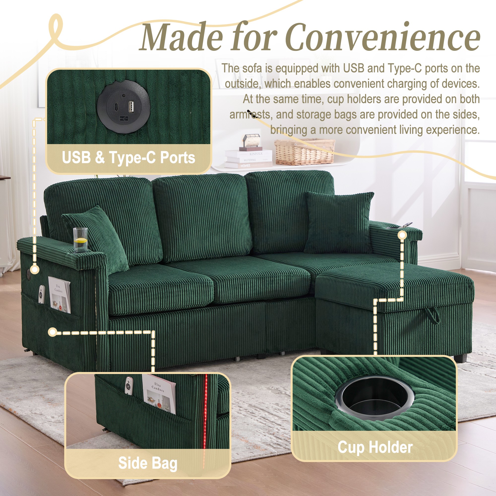L-Shaped Sectional Sofa,Corduroy Convertible 3-Seat Sofa Couch with Pull-Out Storage,Ottoman for Living Room,Apartment,Emerald