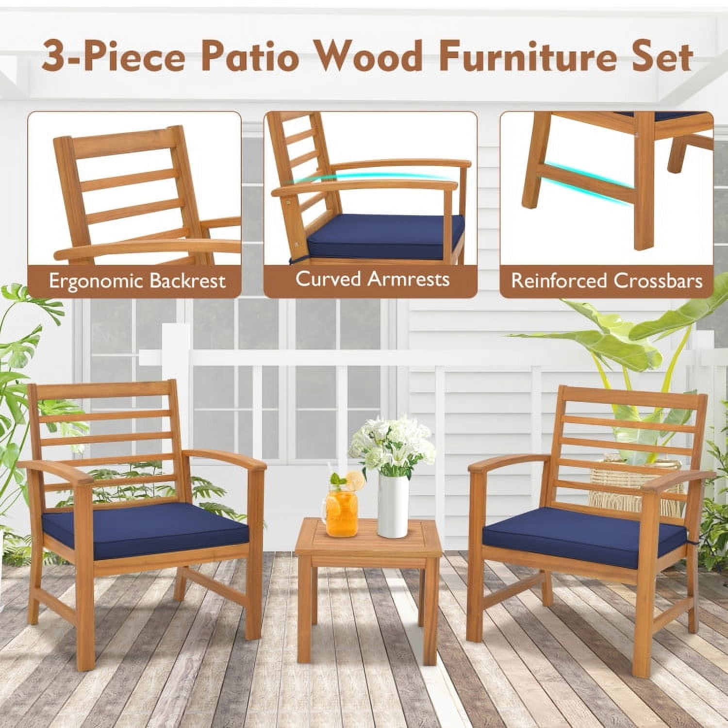 Aimee Lii 3 Pieces Outdoor Furniture Set with Stable Acacia Wood Frame, Patio Furniture Sets, Navy
