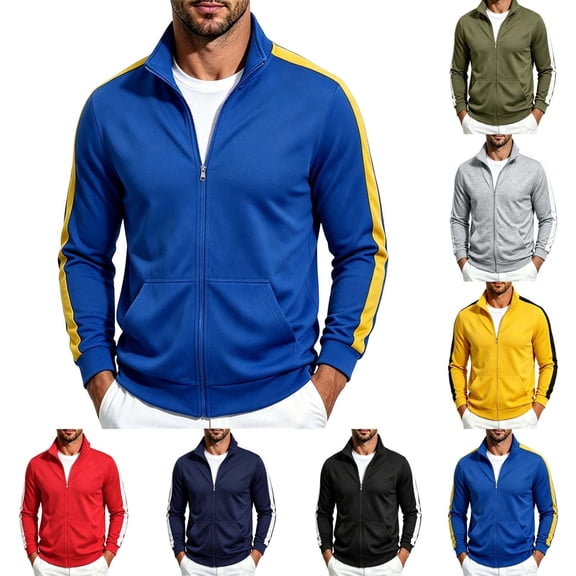 Fanshiluo Men's Stand Collar Full-Zip Long Sleeve Track Jacket, Contrast Side Stripes Athletic Jacket with Pockets for Men,L,Big and Tall Men
