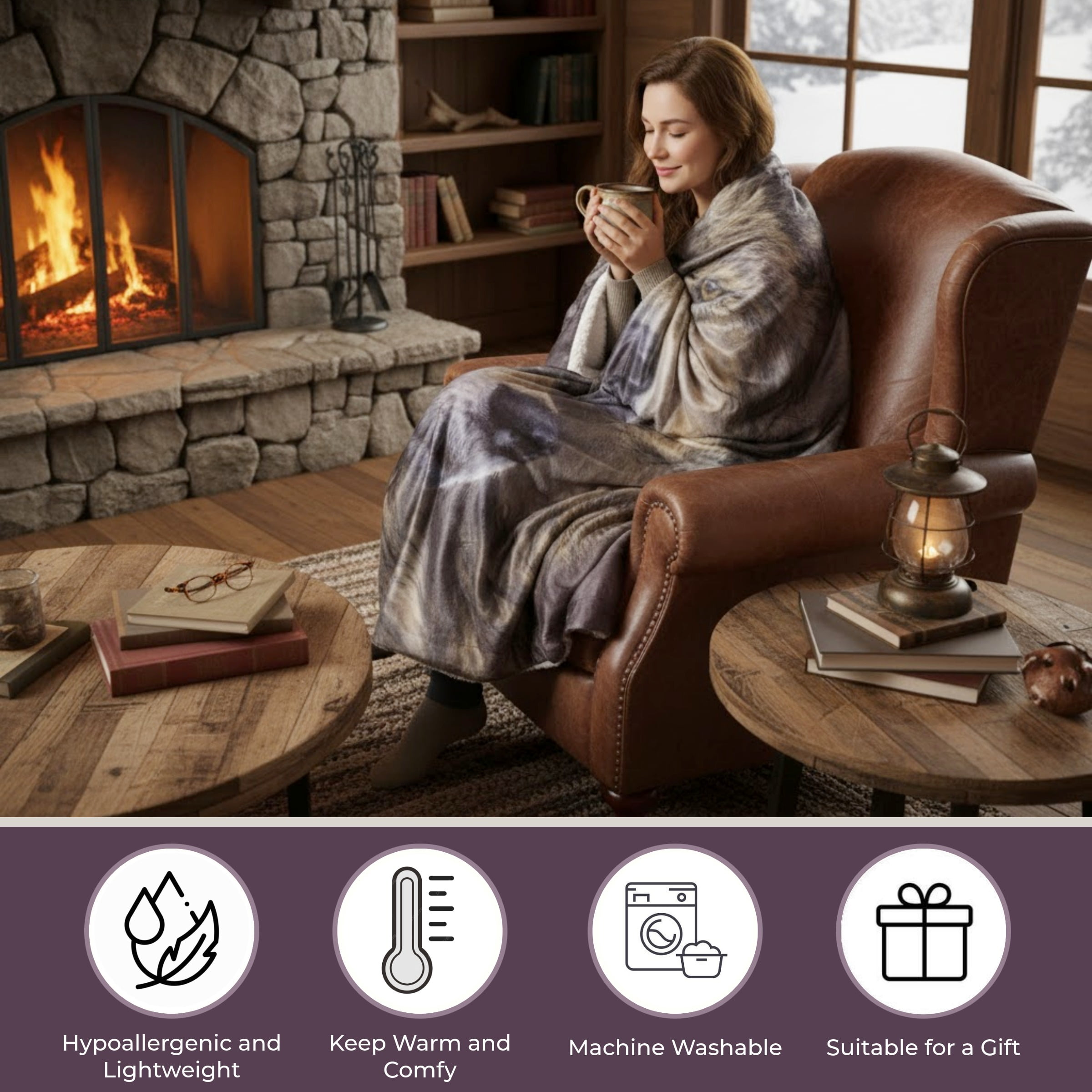 Sherpa Fleece Throw Blanket - Wolf Print Pattern