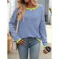 thumbnail image 4 of Womens Sweaters Long Sleeve Crew Neck Color Block Striped Casual Knitted Pullover Tops Blue S, 4 of 8