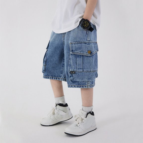 CAIXIA Jeans Shorts for Boys Wide Leg Stretch Denim Shorts Knee Length Elastic Wasit Jorts Y2k Fashion Distressed School Bermuda Shorts Streetwear with Pockets for Kids