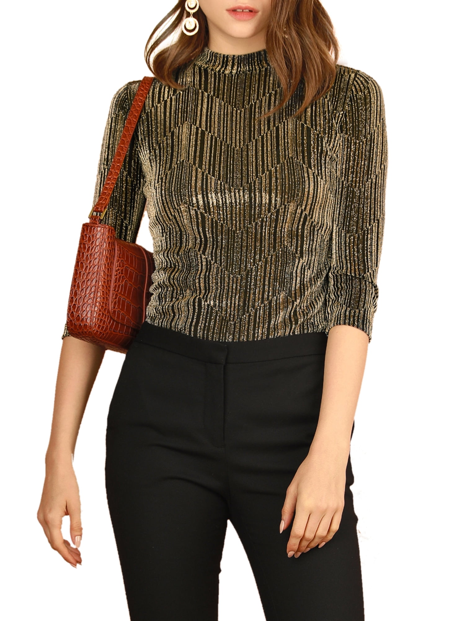 DARING DIVA Party Glitter Shiny Striped Metallic Top S Gold Black