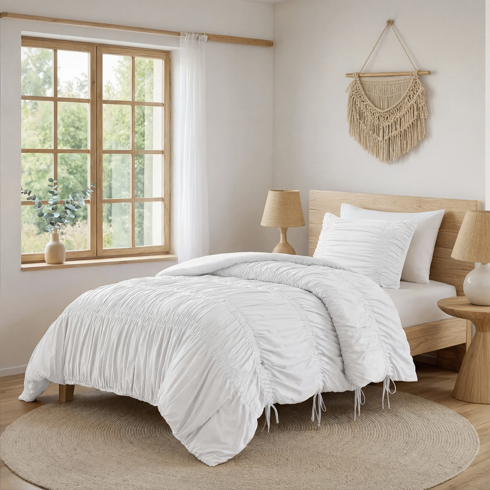 Regency Heights Twin/Twin-XL Soft Washed Comforter Set, Ruched Striped Dorm Bedding Sets, 2-Piece White French Country Comforter Bed Set with Bow Ties and Sham for All Season