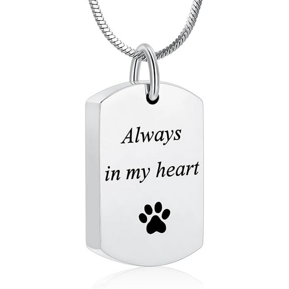 Personalized Paw Print Urn Necklace for Ashes Dog Cat Pet Memorial Gift Dog Tag Pendant - Always in My Heart Paw Print Urn Necklace Memorial Keepsake Pendant with Filling Kit