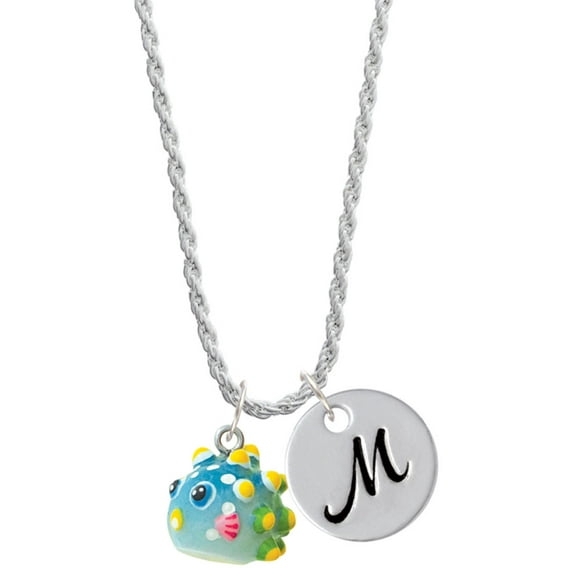 Delight Jewelry Resin Blowfish Silvertone Script Initial Disc - M - Charm Necklace, 20"+3"