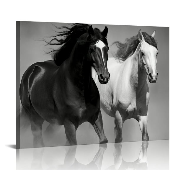 COMIO  Wild Horses Canvas Wall Art - Black White Horse Racing Picture Two Vintage Animals Running Artwork Print Gallop Painting for Home Office Bedrooms