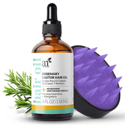 Artnaturals Rosemary Castor Hair Oil and Scalp Massager Hair Growth Set Strengthening Scrubber Treatment for Dry Damaged Hair (4 fl oz) (118 ml)