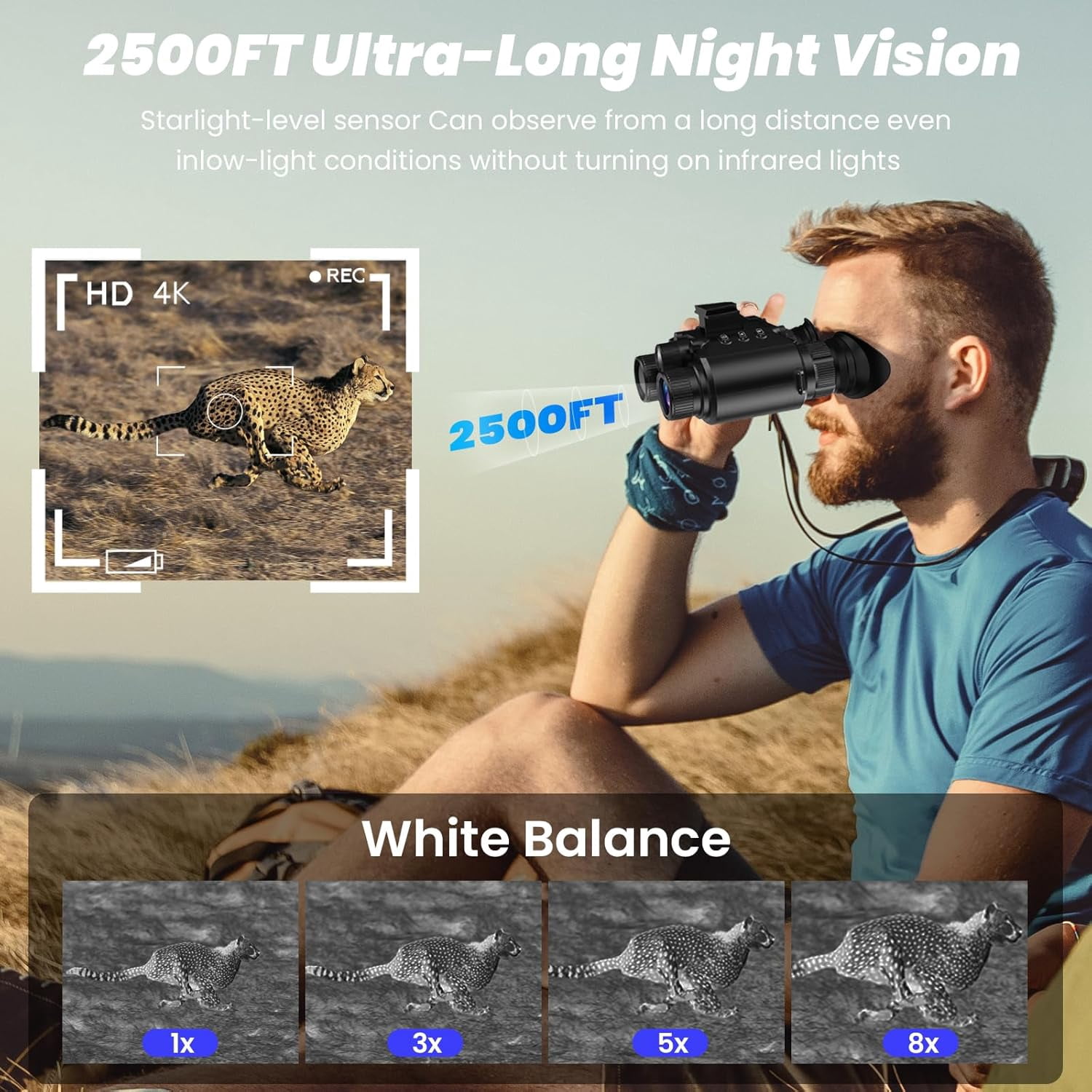 Adult Binoculars, 4K 2500ft Head-mounted Infrared Night Vision Goggles, Tactical Light, 8x Digital Zoom, Suitable for Outdoor, Camping and Travel