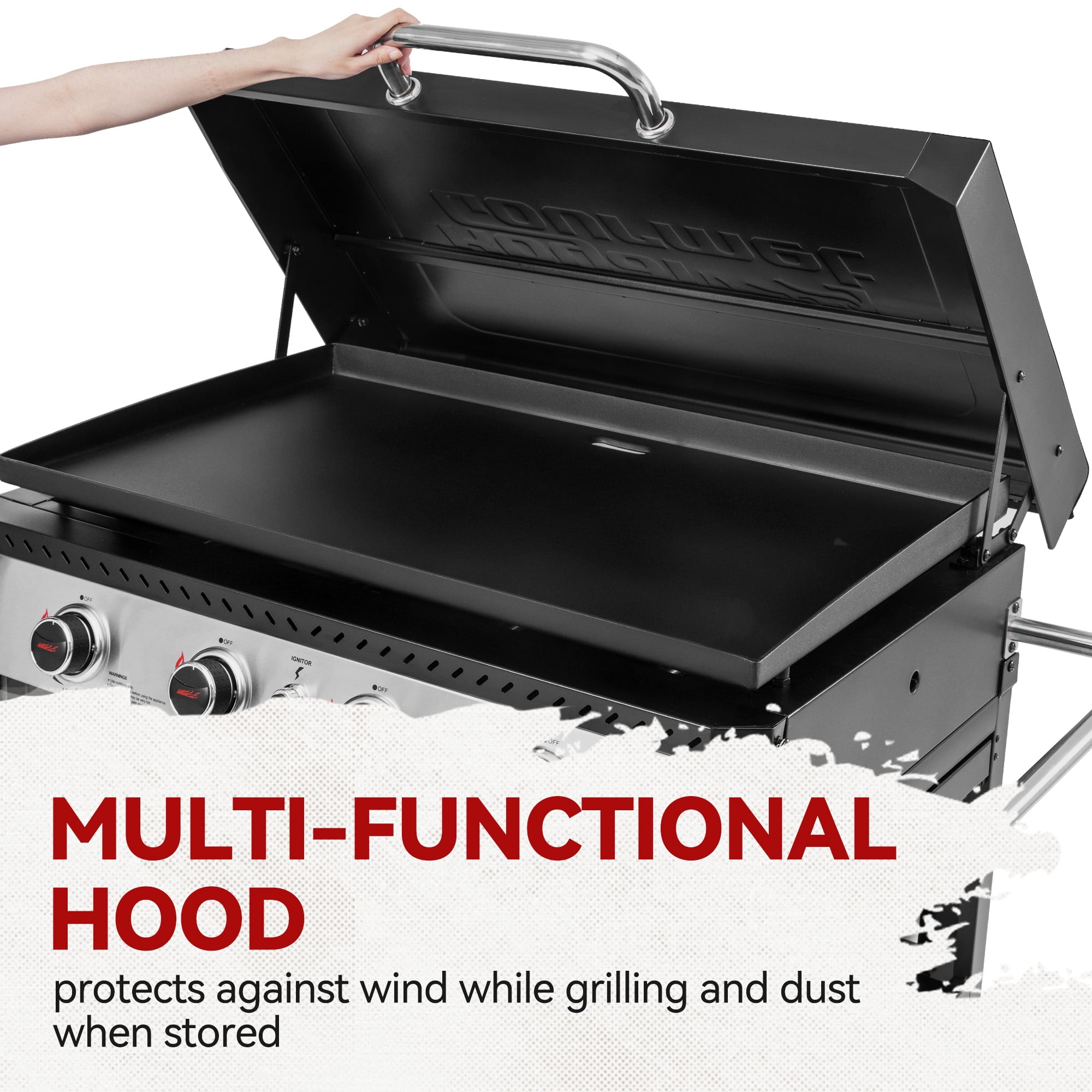Royal Gourmet GB4008T Premium 4-Burner Gas Griddle with Foldable Pull-Out Side Table, 34-inch Griddle with Hood, Cabinet and Side Shelf