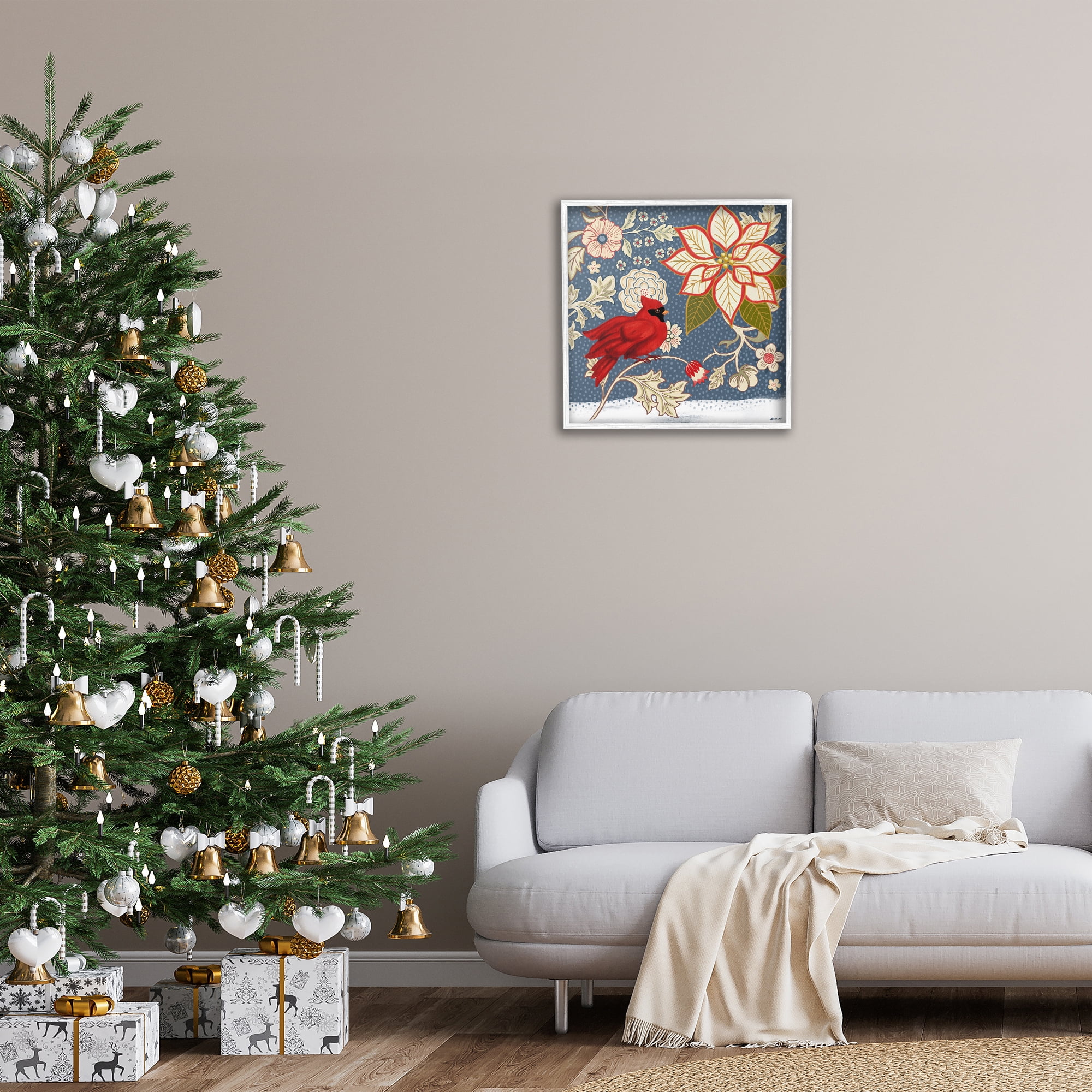 Stupell Industries Winter Cardinal with Flowers Animals & Insects Painting White Framed Art Print Wall Art, 24 x 24