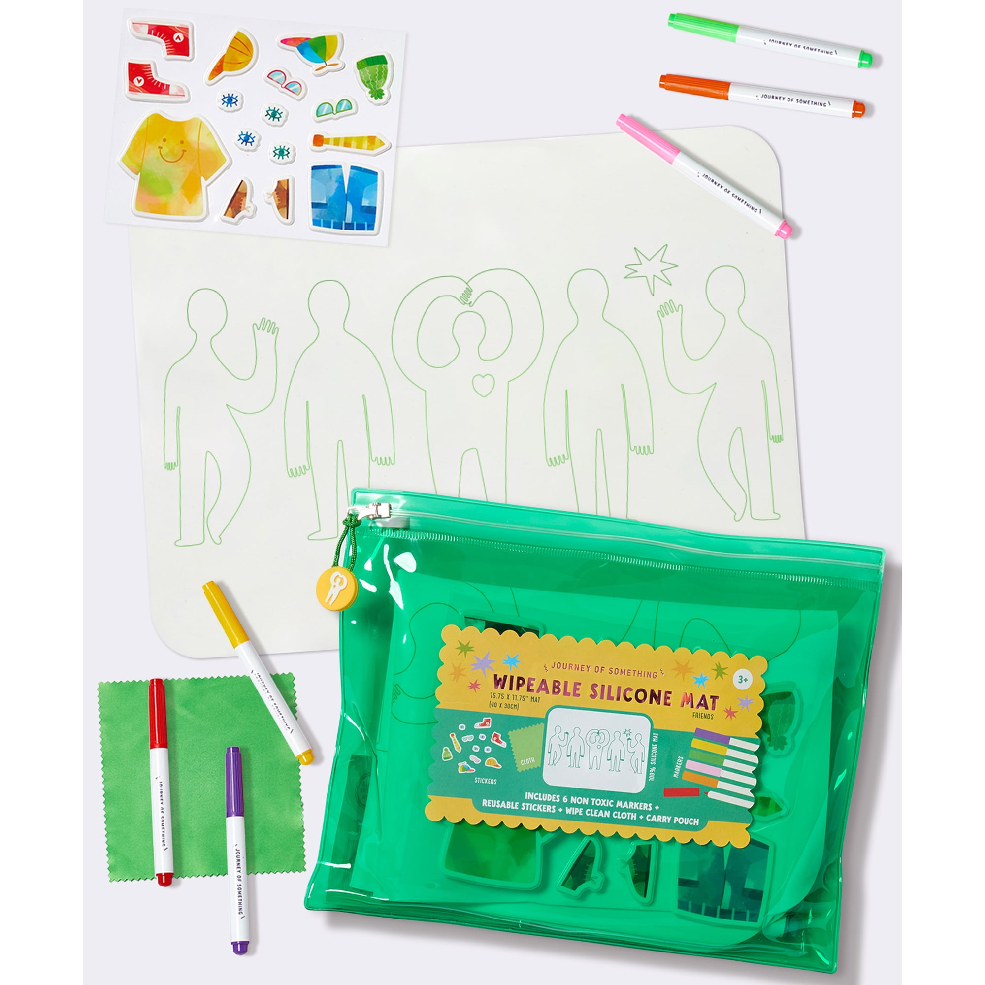 Journey of Something: Wipeable Silicone Mat - Friends - Reusable Coloring Kit, Mix & Match Character Outfit Stickers, Markers, Carry Pouch, Kids 4+