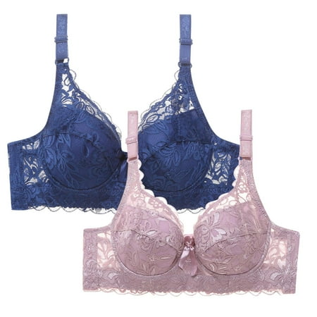 WREESH Womens 2 Pack Lace Bralette Comfortable Push Up Soft Padded Wireless Plunge Bra Adjustable Strap Everyday Bra Underwear Blue