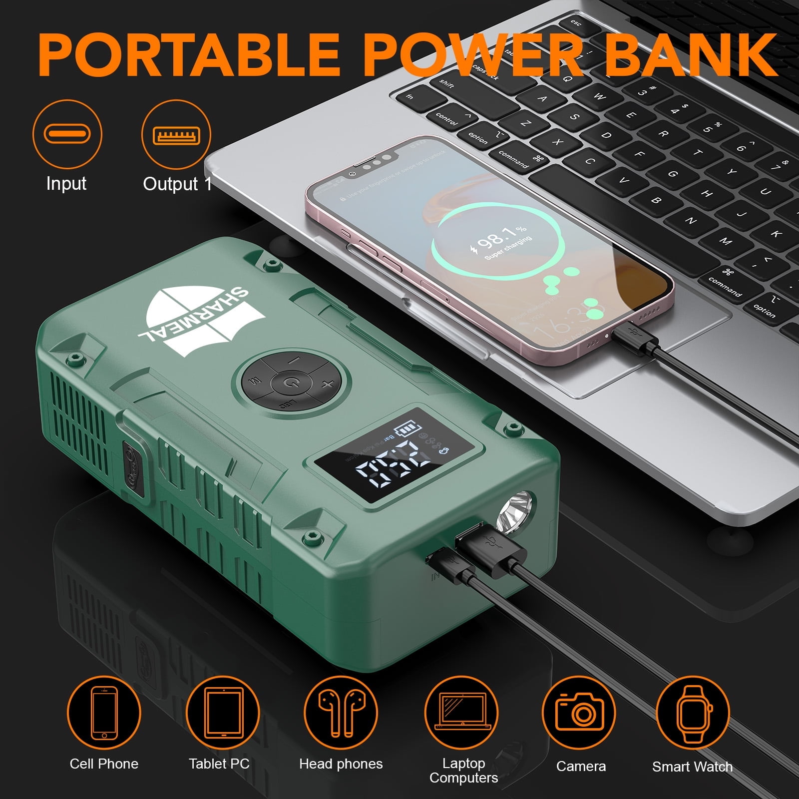 Sharmeal 6000A Jump Starter with Air Compressor, LCD Display and Emergency Light,150PSI Car Starter Battery (8.0 Gas/6.5L Diesel)
