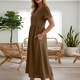 thumbnail image 5 of Kvture Women's Linen Midi Dress V Neck Button Front Short Sleeve Dress Loose Fit Casual Summer Dresses with Pockets Brown, 5 of 9