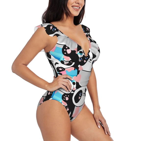 Fotbe Panda Cute Pink Hearts Women's Tummy Control Swimsuits Slimming One Piece Bathing Suit Ruffle Wrap V Neck Swimwear-