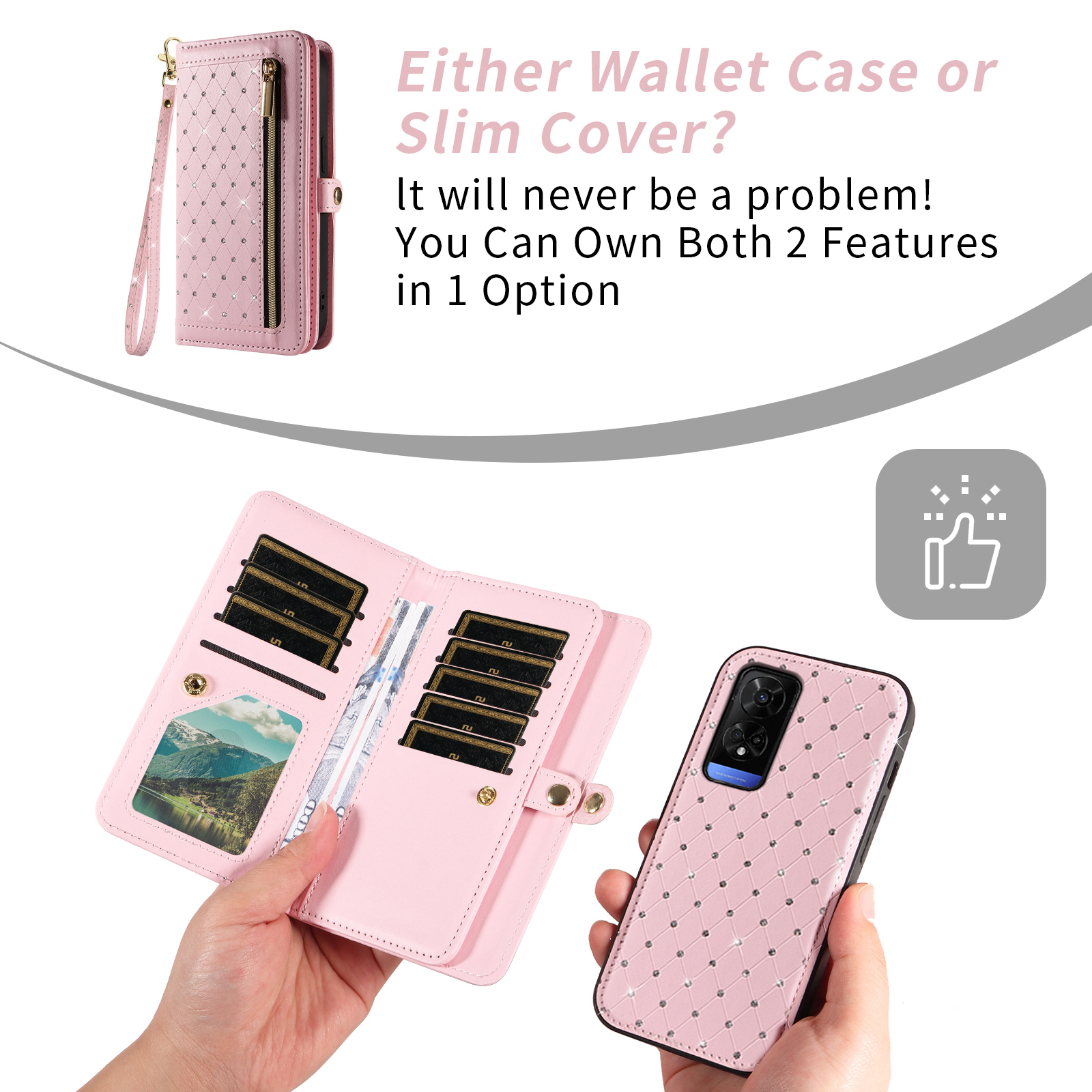 Asuwish Phone Case for TCL 50 5G/50 XE NXTPAPER/50 XE 5G Zipper Wallet Detachable Cell Cover with Tempered Glass Screen Protector Crossbody Lanyard Strap Glitter Flip Card Holder Slot Women Pink