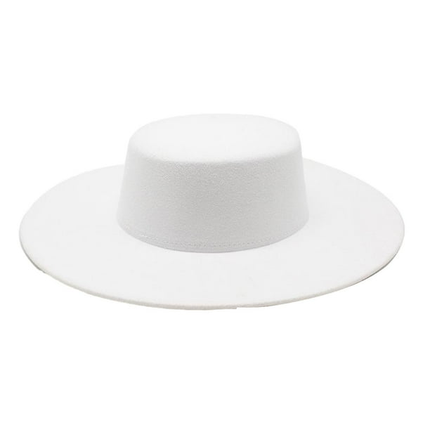 Minnieouse Sombrero de fieltro negro de moda para mujer, gorra Derby plana de ala ancha para iglesia, sombrero de copa suave de ajuste Universal, Sombreros Blanco