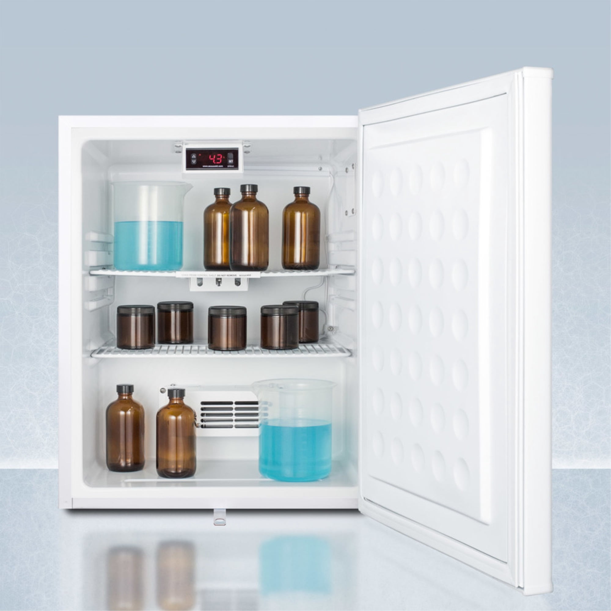 Compact all-refrigerator with automatic defrost, digital thermostat, internal fan, NIST calibrated thermometer, and lock