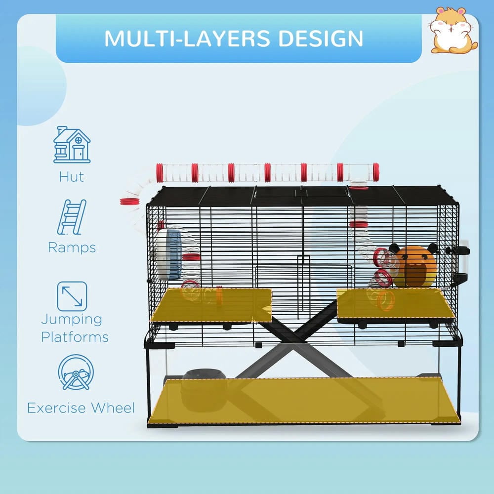 Spaco 31" Hamster Cage with Tube and Tunnel, Deep Glass Bottom, Pet Cage for Small Hamsters, Black