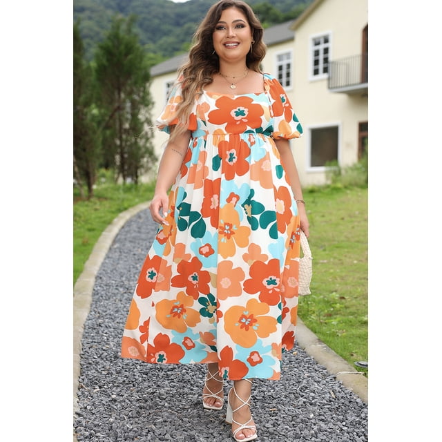 FOLUNSI Robe Maxi Orange Vif à Fleurs / Encolure Carrée / Élégance Grande Taille