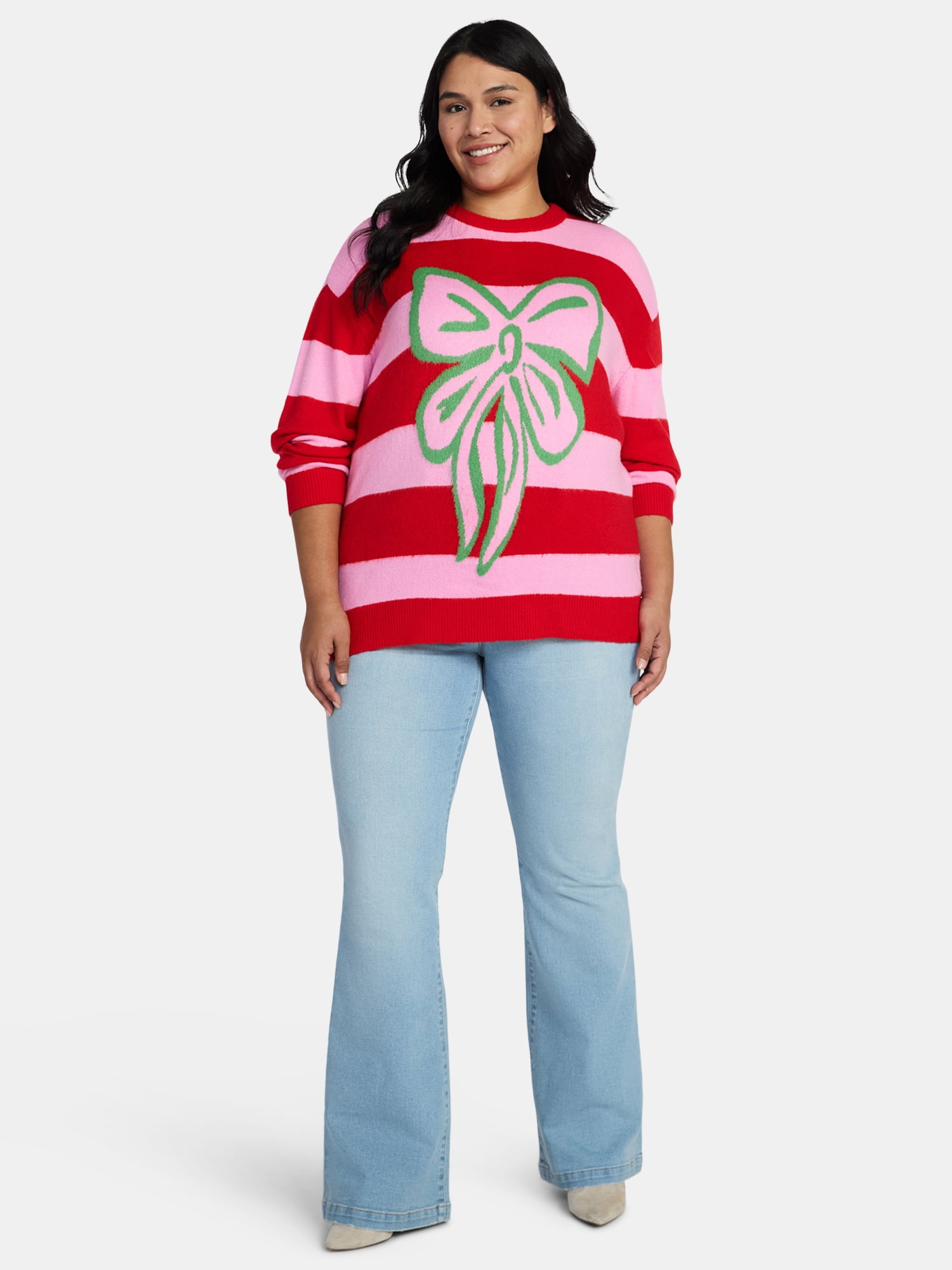 99 Jane Street Women’s and Women's Plus Striped Sweater with Bow Design, Sizes XS-4X