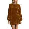 thumbnail image 2 of Women's Fall Dresses Crew Neck Long Sleeve Mini Party Ruffled Casual Tunic Velvet Wedding Guest Dress Gold M, 2 of 6