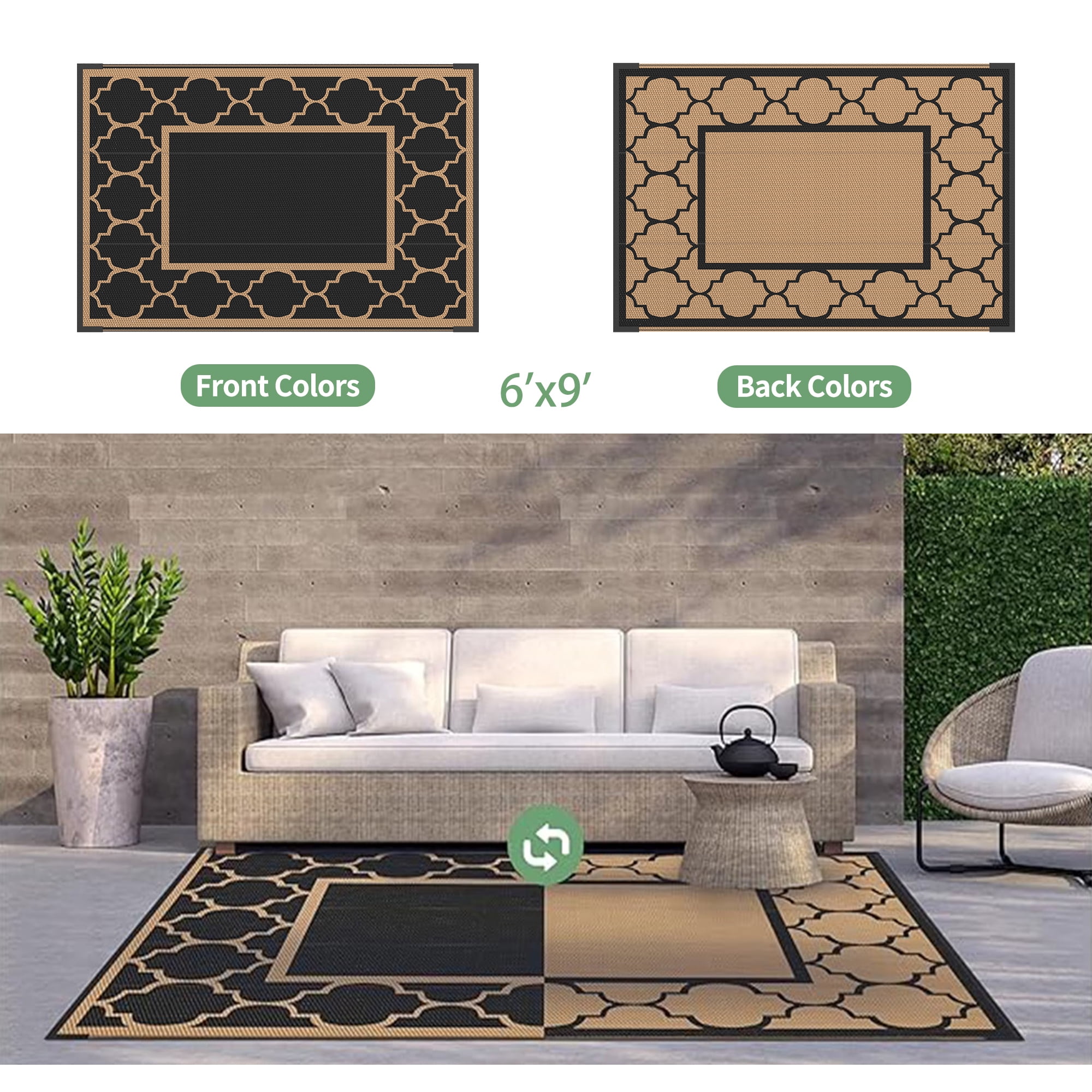 DEORAB 6'x9' Outdoor Rugs Waterproof Reversible Plastic Straw Patio Outside Carpet Camping RV Mat,Black & Brown