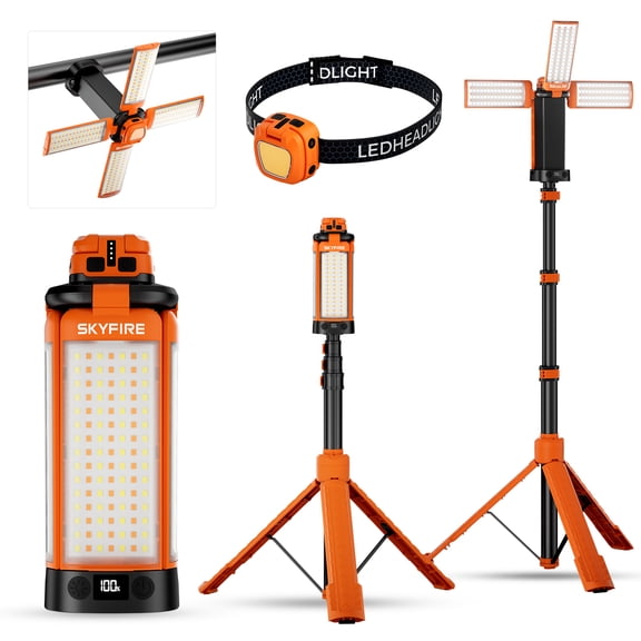 SKYFIRE Rechargeable Camping Light with Stand 7 ft Max Height 4 LED Heads, LED Work Light, 3 Adjustable Heads, Magnetic Base and Hook for Campsite and Work Areas