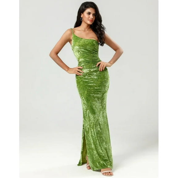 Bridesmaid Dress Mermaid One Shoulder Olive Velvet Party Wedding Guest Dresses  With Slit