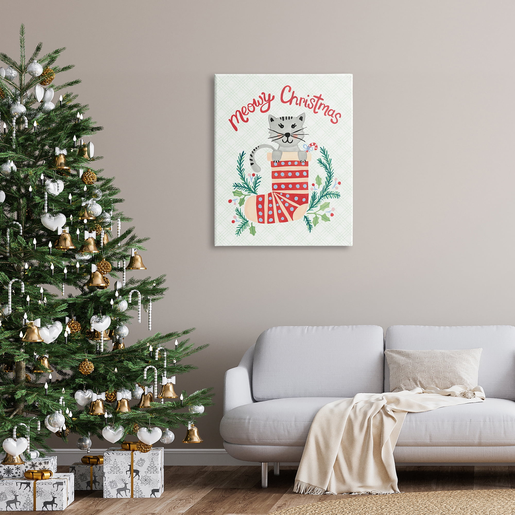 Meowy Christmas Clever Cat Nestled Patterned Stocking Animals & Insects Painting Gallery-Wrapped Canvas Print Wall Art