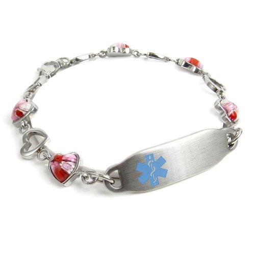 White Pre-Engraved & Customized Blood Type O Charm Medical Bracelet My Identity Doctor Red Millefiori Glass
