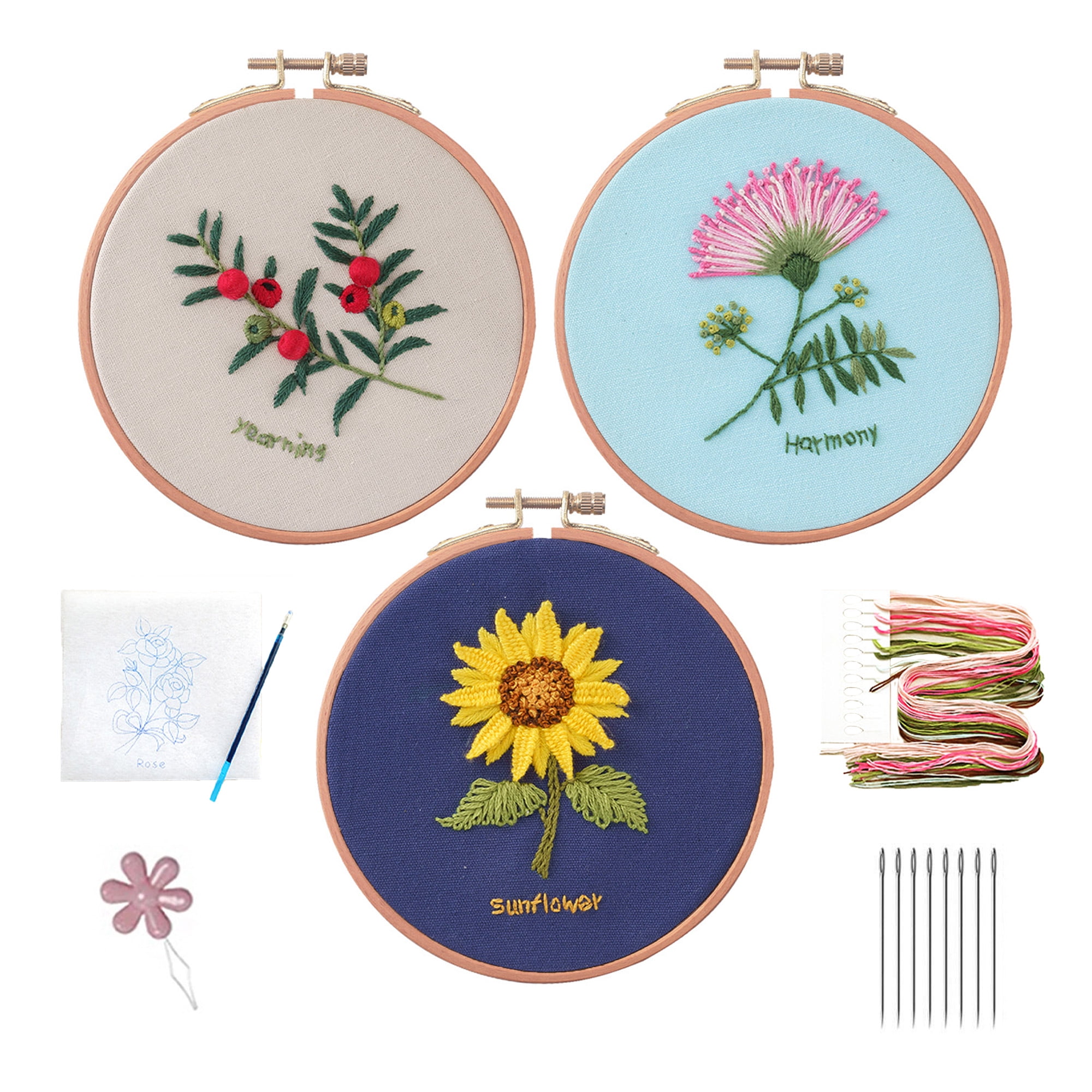 Blingpainting Floral Embroidery Kit for Beginners,Plant Pattern Sunflower  Cross Stitch Kits Set , Including Stamped Embroidery Cloth with Embroidery  Hoops, Color Threads and Tools 