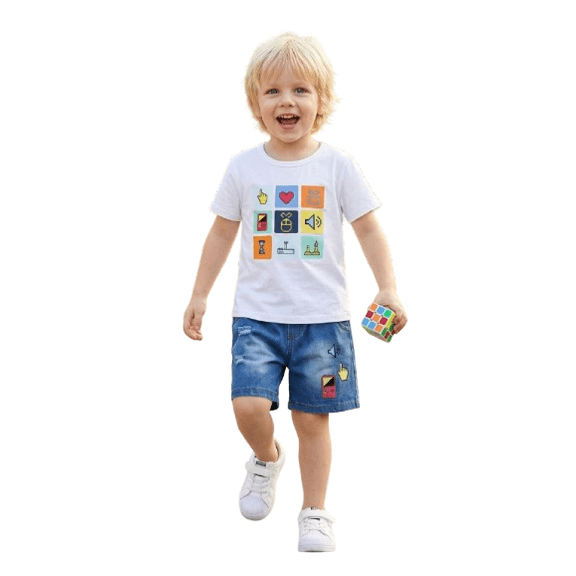PureChapter Boys Short Sets Pixel Game Print Short Sleeve T-Shirt & Denim Shorts 2Pcs Casual Summer Clothes 2-3 Years