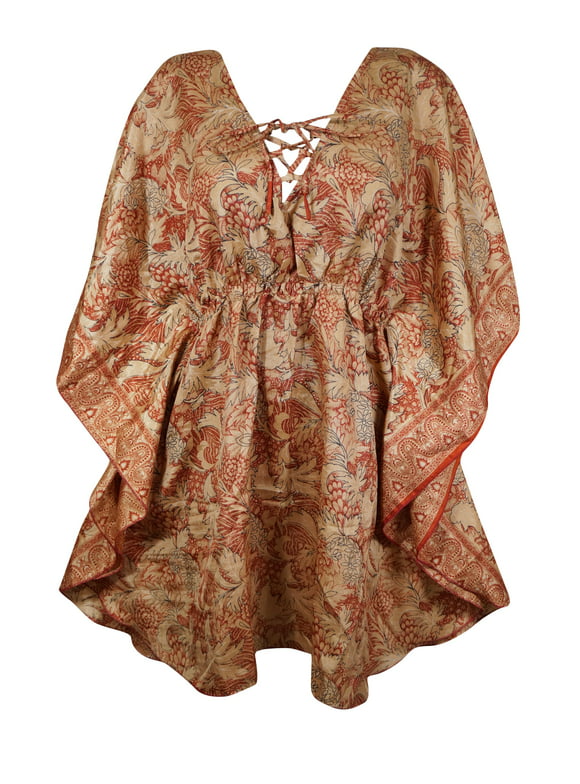 Mogul Womens Summer Caftan Short Dress, Peach Floral Print Kaftan, M-XL One Size