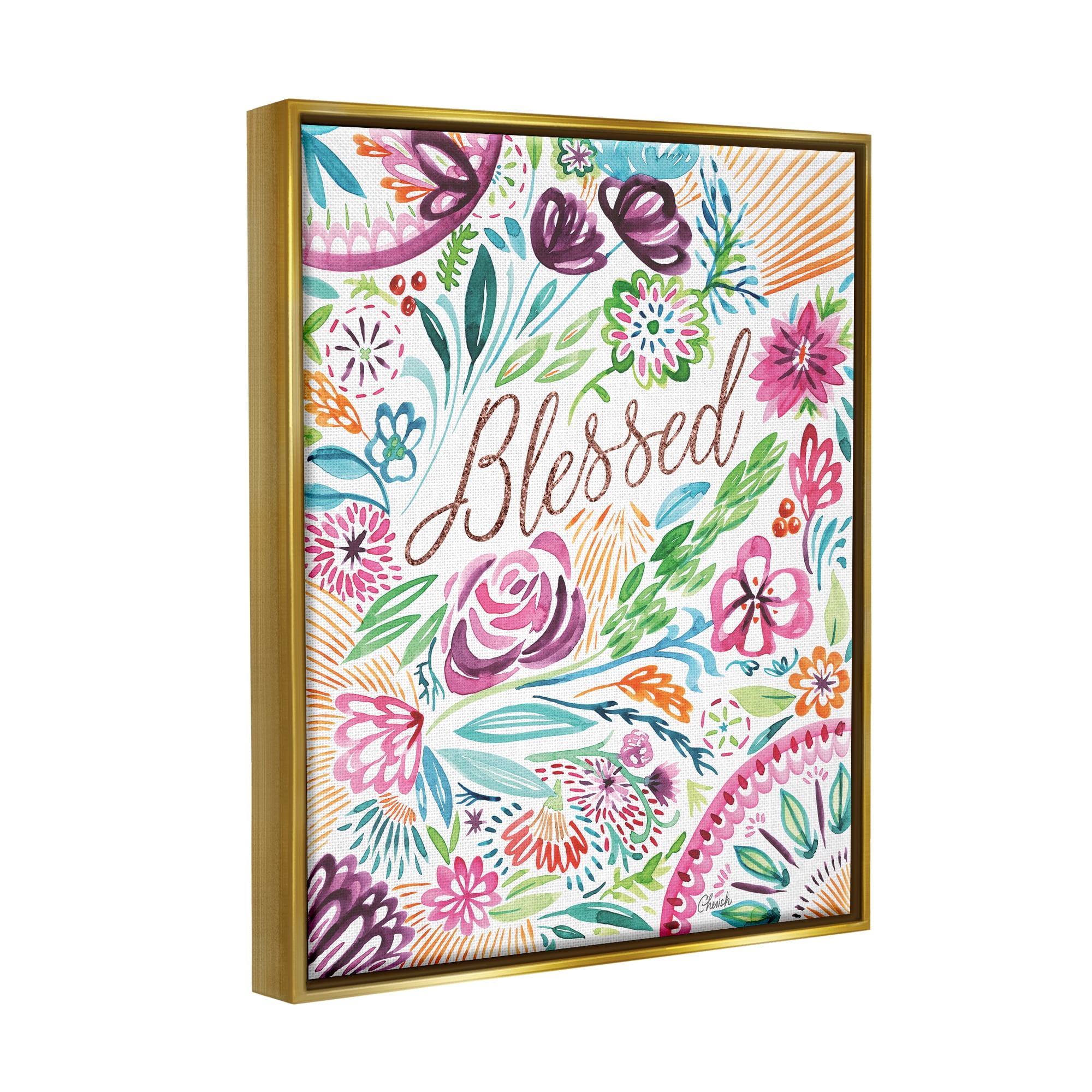 Stupell Blessed Whimsical Flower Shapes Botanical & Floral Painting Gold Floater Framed Art Print Wall Art