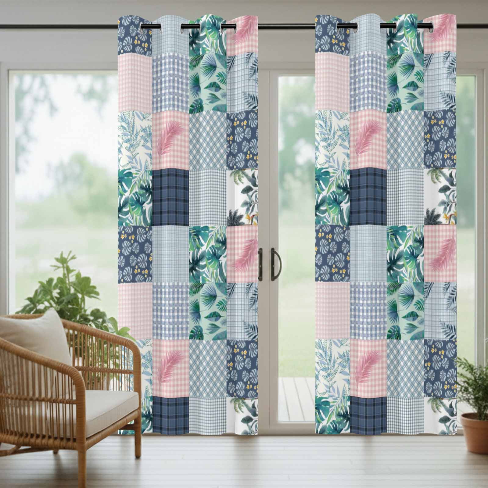 Botanical Patchwork Outdoor Curtains for Patio, Teal Tropical Leaf Grey Plaid Sunshade Privacy Drapes Grommet Waterproof Outside Curtains for Porch/Cabana/Balcony 54"x 95", 2 Panel