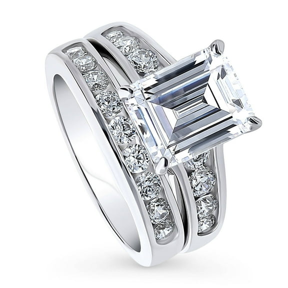 BERRICLE Sterling Silver Solitaire Wedding Engagement Rings 3.8 Carat Emerald Cut Cubic Zirconia CZ Statement Ring Set for Women, Rhodium Plated Size 5.5