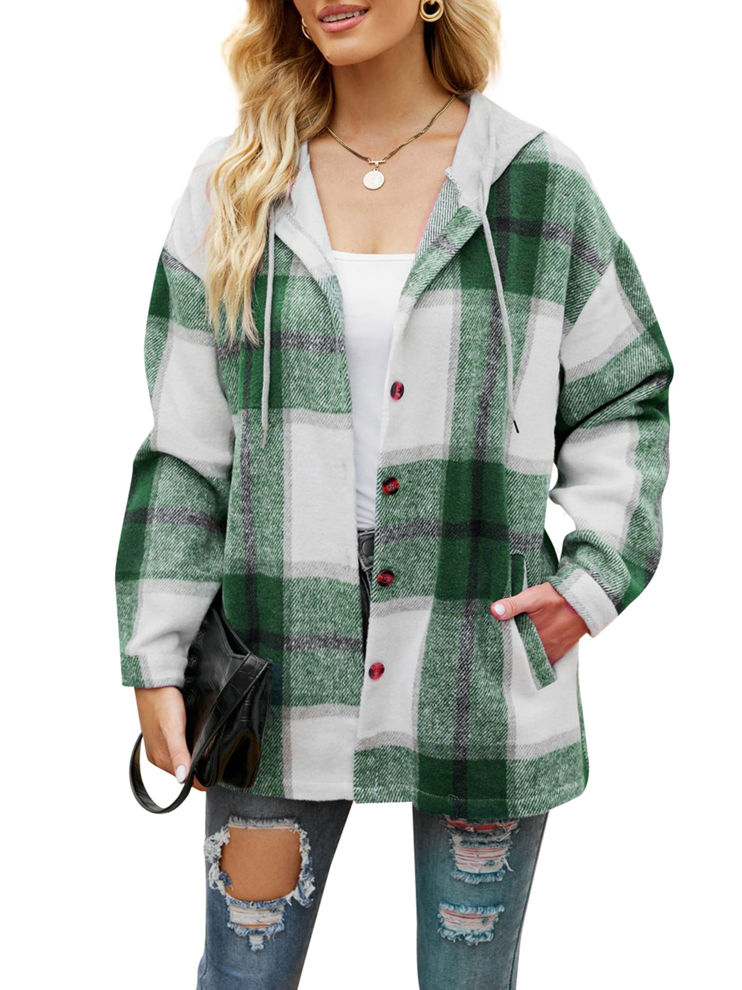 Licupiee Women Flannel Jacket with Hood Plaid Hooded Shacket Shirt Shacket Coat Fall Spring Clothes, Women's, Size: XL, Green