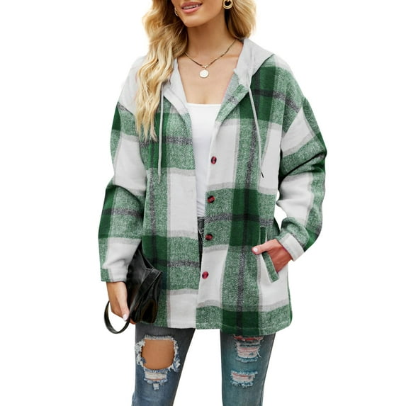 Seyurigaoka Women Coat Plaid Long Sleeve Hooded Zipper Jacket with Buttons and Pockets Outerwear for Autumn