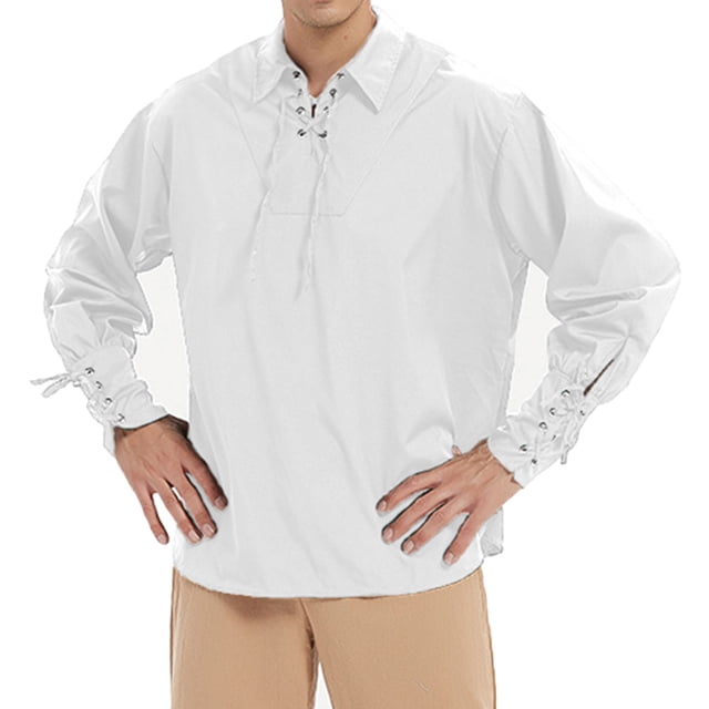 TIMIFIS Men's Gothic Renaissance Ruffle Front Pirate Shirt, Vintage Medieval Bandage Long Sleeve Cosplay Clothing-WhiteFall