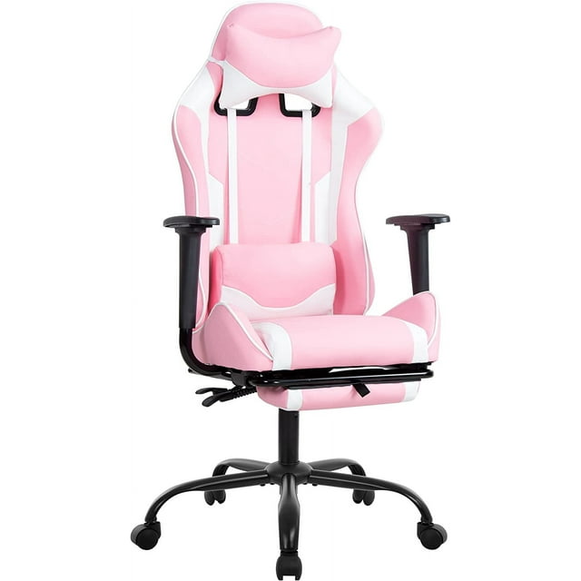 BestOffice Chaise de Gaming, Repose-Pieds, Ergonomique, Pivotante Réglable, Inclinable, Soutien Lombaire et Appuie-Tête, Style Course Vidéo, Pink